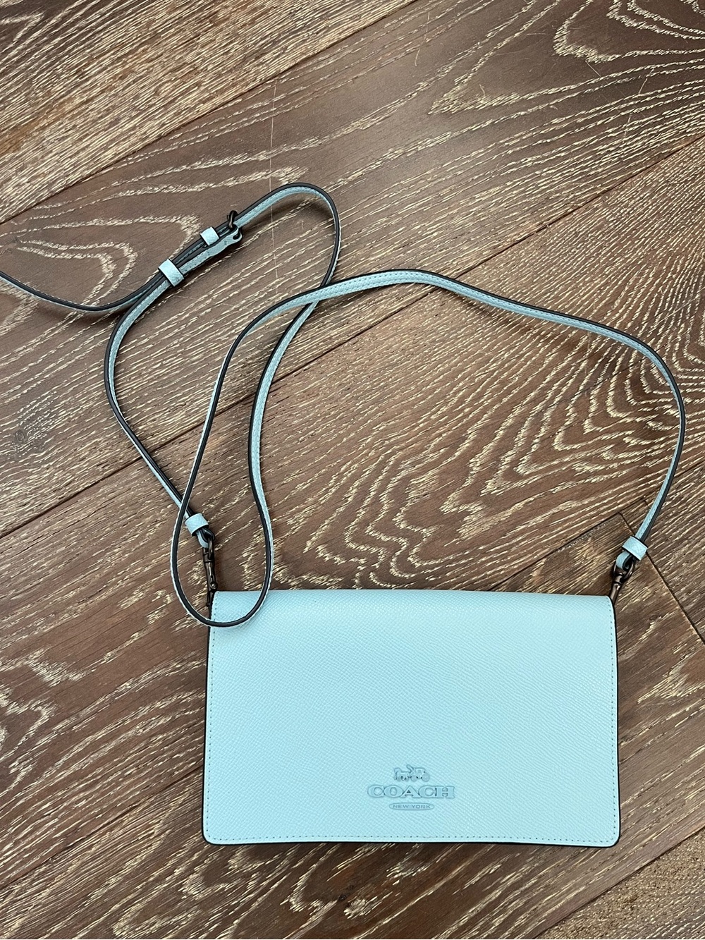 Coach Light Blue Leather Foldover Crossbody Clutch Bag